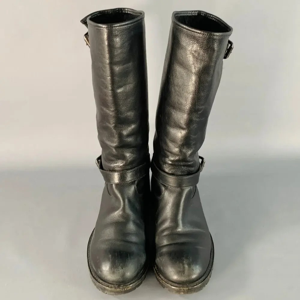 FENDI Size 9 Black Leather Shearling Lined Pull On Buckle Boots